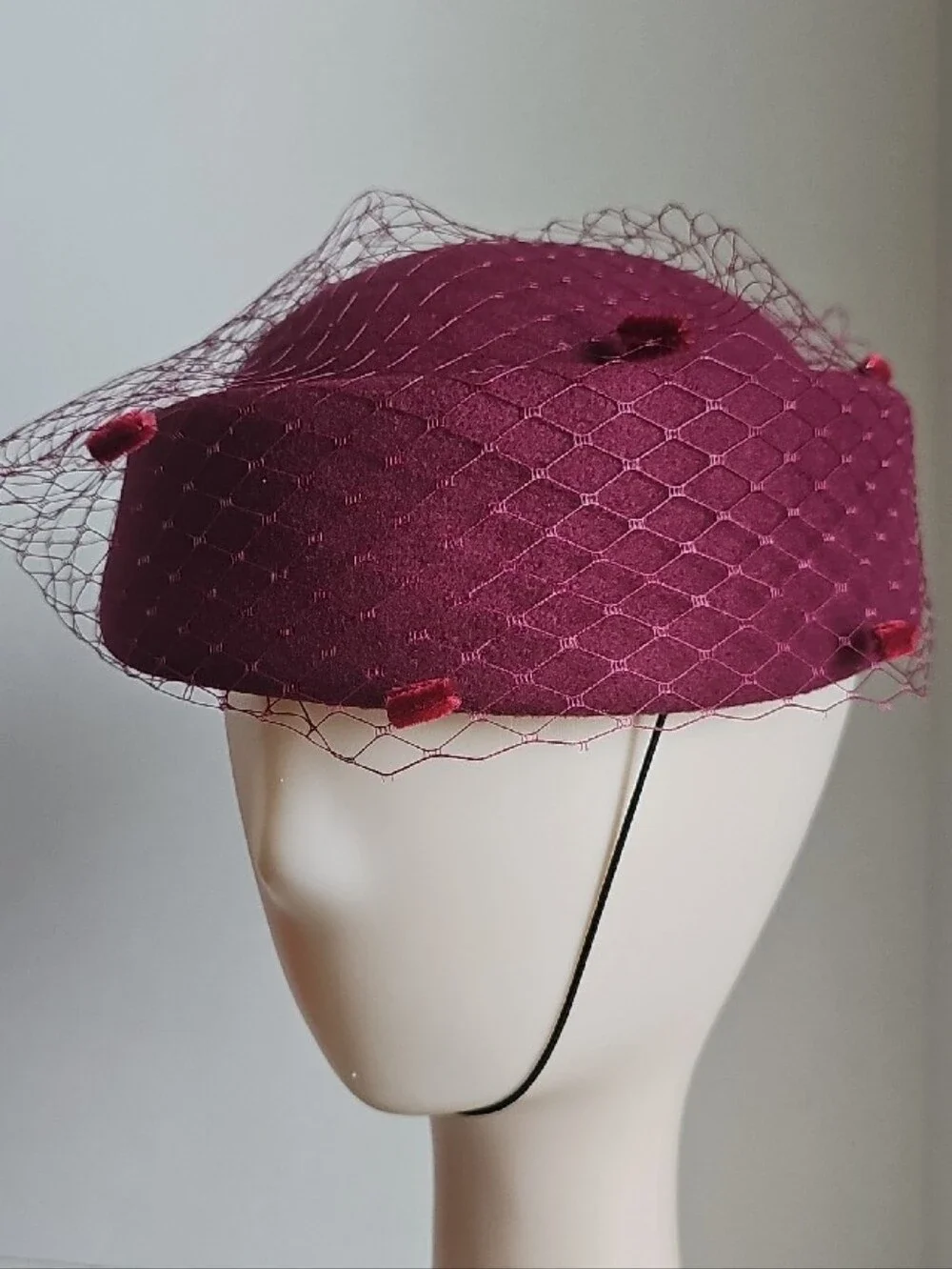 Beloved Millinery Beautiful Burgundy Dotted Veil British Style Pillbox Hat w/Bow